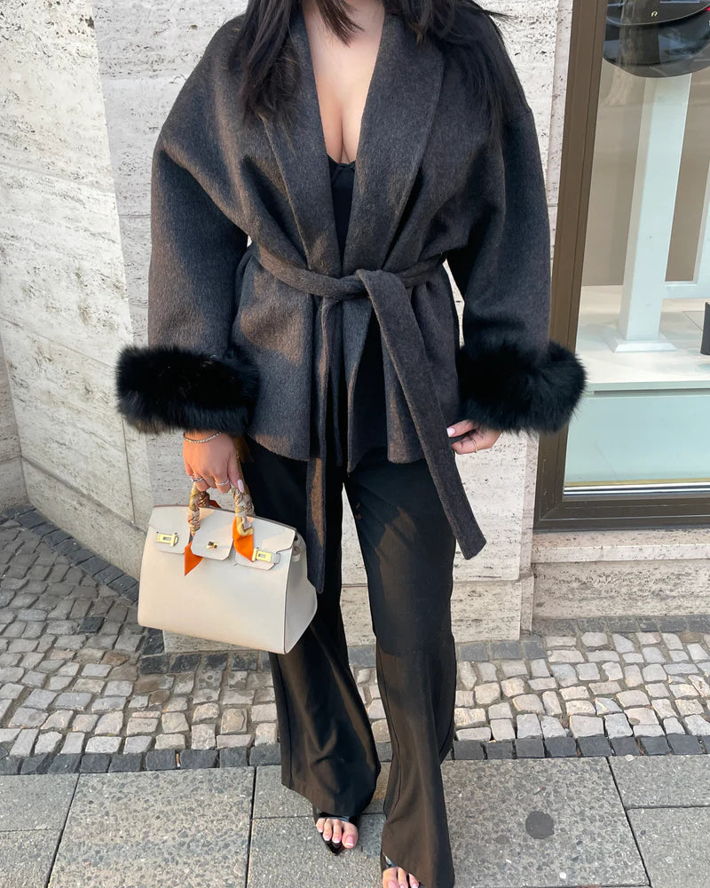 Nimlily - Cappotto in lana con pelliccia